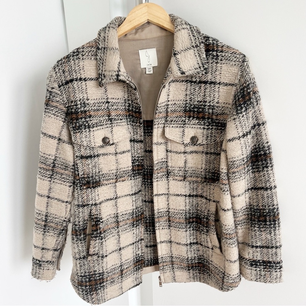 Joie Plaid Wool Blend Jacket Coat Zip Front Neutral Check Size Small - Picture 3 of 7